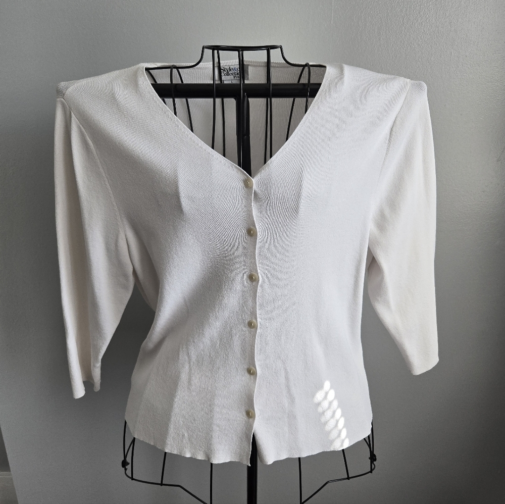 Style & Co. Vintage White V-Neck Button Front 3/4 Sleeve Knit Cardigan Sweater